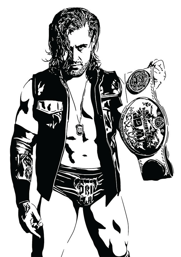black and white digital illustration of njpw wrestler drilla moloney holding his championship belt