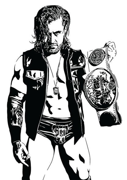 black and white digital illustration of njpw wrestler drilla moloney holding his championship belt