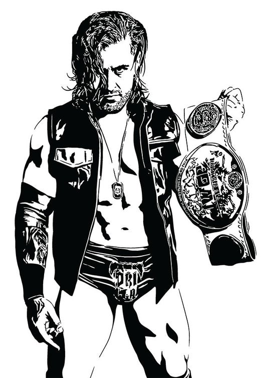 black and white digital illustration of njpw wrestler drilla moloney holding his championship belt