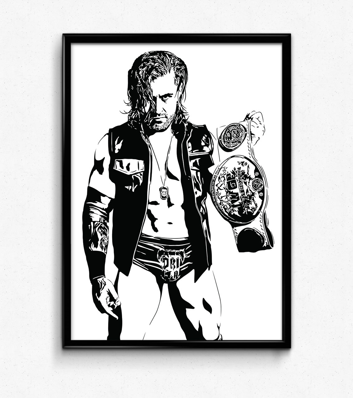 black and white digital illustration of njpw wrestler drilla moloney holding his championship belt framed print