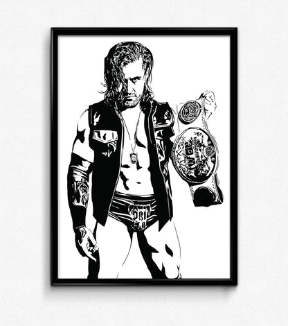 black and white digital illustration of njpw wrestler drilla moloney holding his championship belt framed print