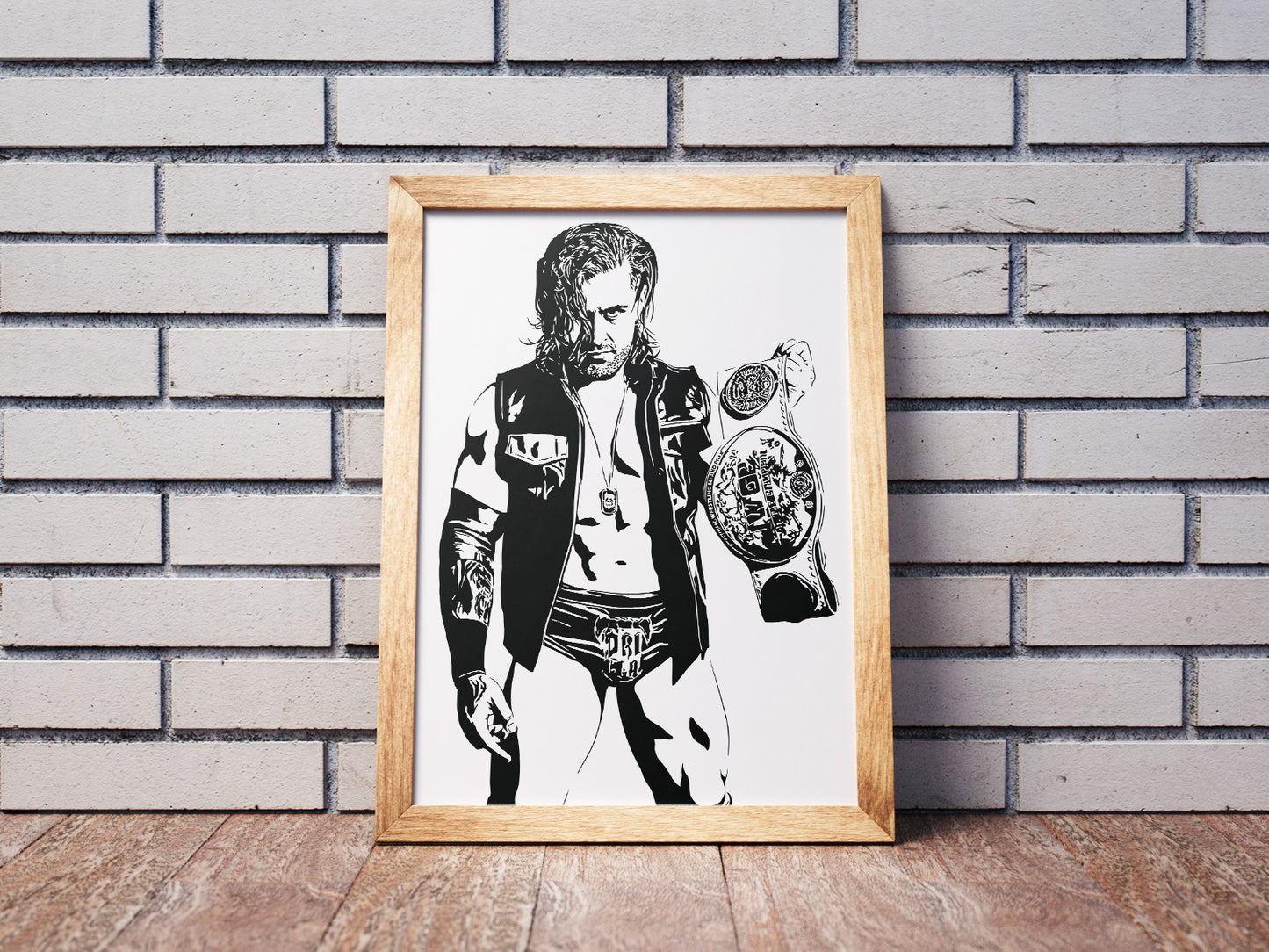 black and white digital illustration of njpw wrestler drilla moloney holding his championship belt framed poster