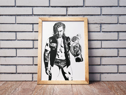 black and white digital illustration of njpw wrestler drilla moloney holding his championship belt framed poster