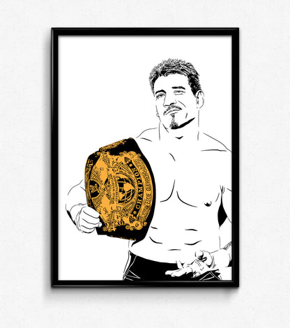 minimalist digital illustration of pro wrestling legend eddie guerrero aka latin heat, holding the WWE championship belt and looking smug, black and white illustration with the belt colored gold framed print