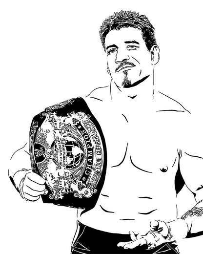 minimalist digital illustration of pro wrestling legend eddie guerrero aka latin heat, holding the WWE championship belt and looking smug, black and white illustration with the belt black and white