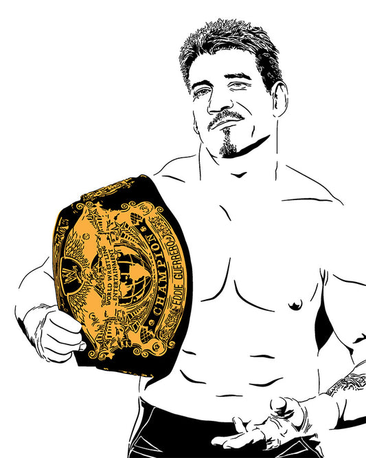 minimalist digital illustration of pro wrestling legend eddie guerrero aka latin heat, holding the WWE championship belt and looking smug, black and white illustration with the belt colored gold