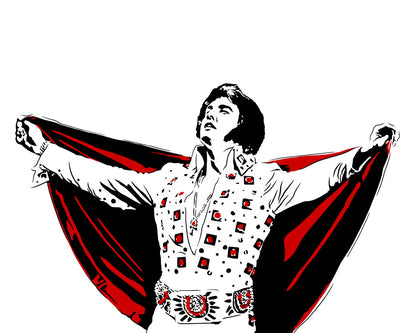 digital illustration of elvis presley in his later years with his cape outstretched, cape colored red and belt and buttons colored gold