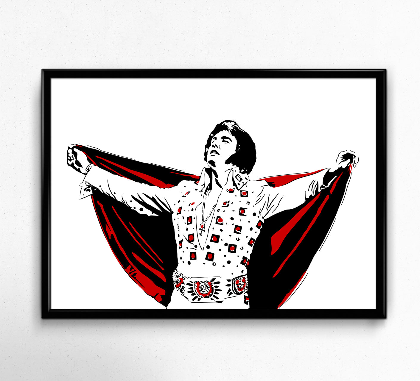 digital illustration of elvis presley in his later years with his cape outstretched, cape colored red and belt and buttons colored framed print