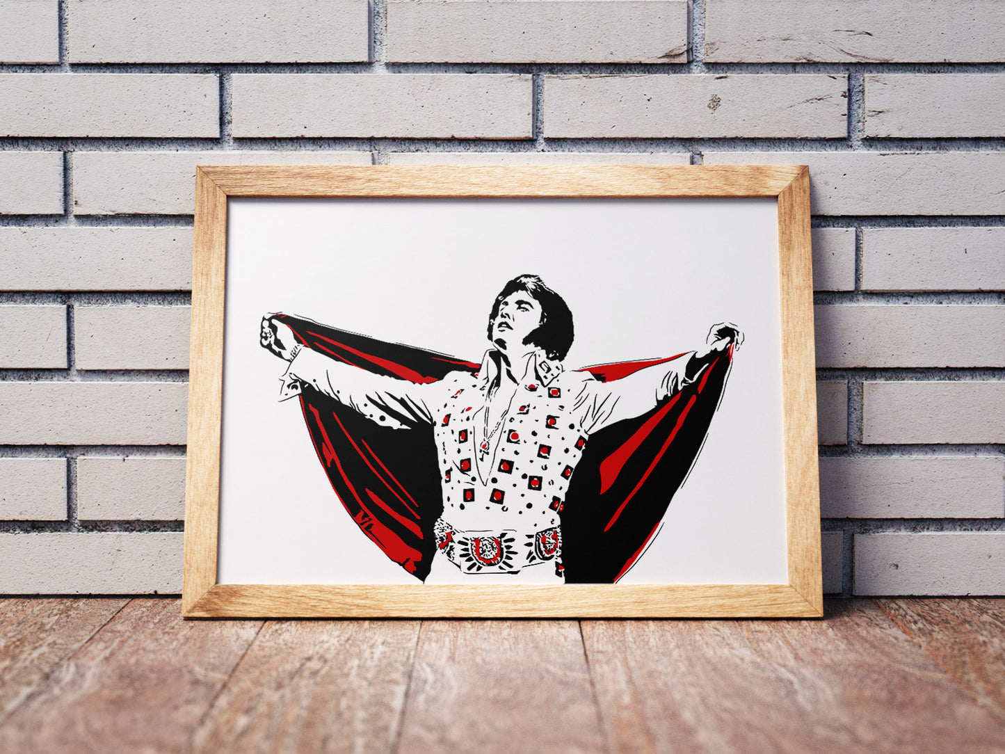 digital illustration of elvis presley in his later years with his cape outstretched, cape colored red and belt and buttons colored framed poster
