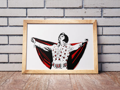 digital illustration of elvis presley in his later years with his cape outstretched, cape colored red and belt and buttons colored framed poster