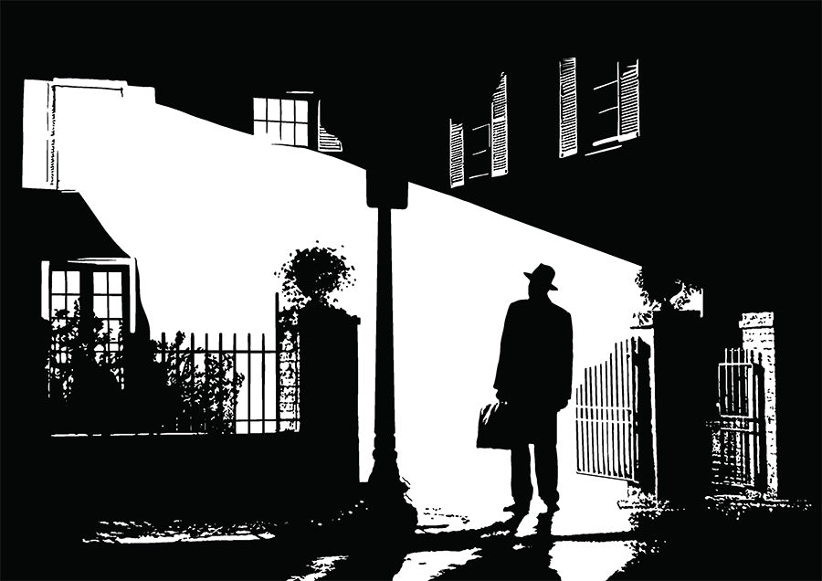 digital illustration vector art of father karras standing outside Regan's house in The Exorcist, illustration is black and white only
