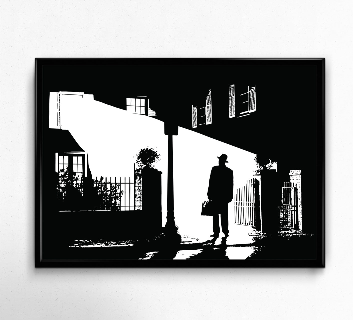 digital illustration vector art of father karras standing outside Regan's house in The Exorcist, illustration is black and white only framed print