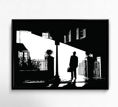 digital illustration vector art of father karras standing outside Regan's house in The Exorcist, illustration is black and white only framed print
