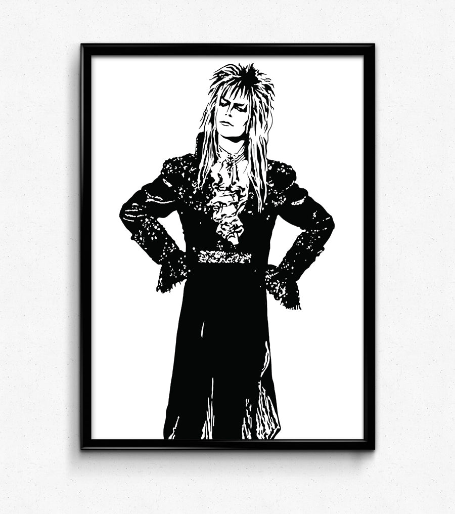 black and white digital illustration of david bowie as the goblin king jareth from the film labyrinth framed print