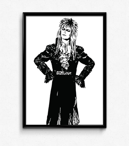 black and white digital illustration of david bowie as the goblin king jareth from the film labyrinth framed print