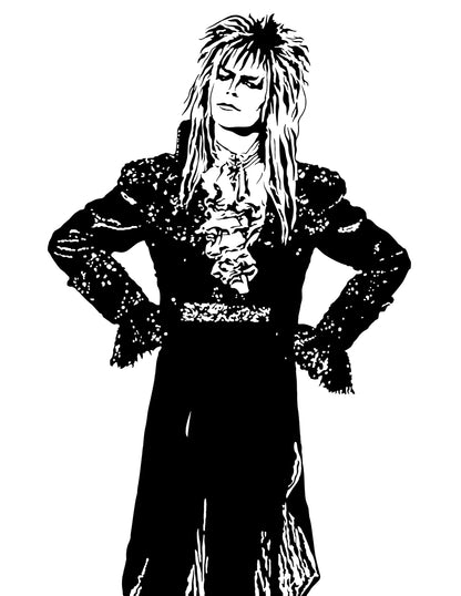 black and white digital illustration of david bowie as the goblin king jareth from the film labyrinth