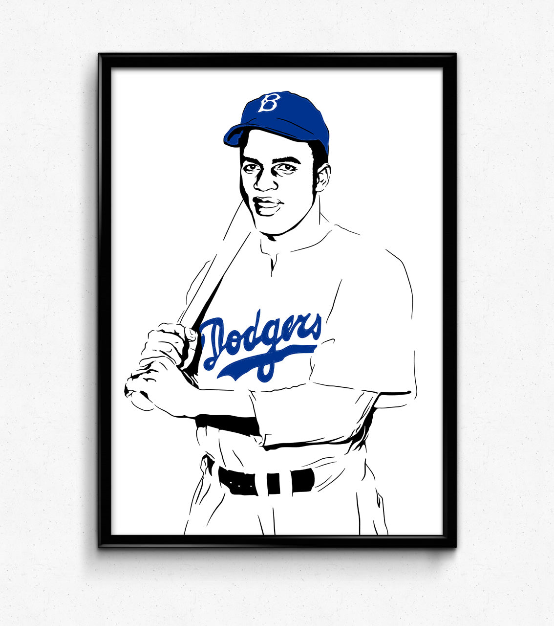 minimalist digital illustration of jackie robinson of the brooklyn dodgers holding a baseball bat over his shoulder, framed art print