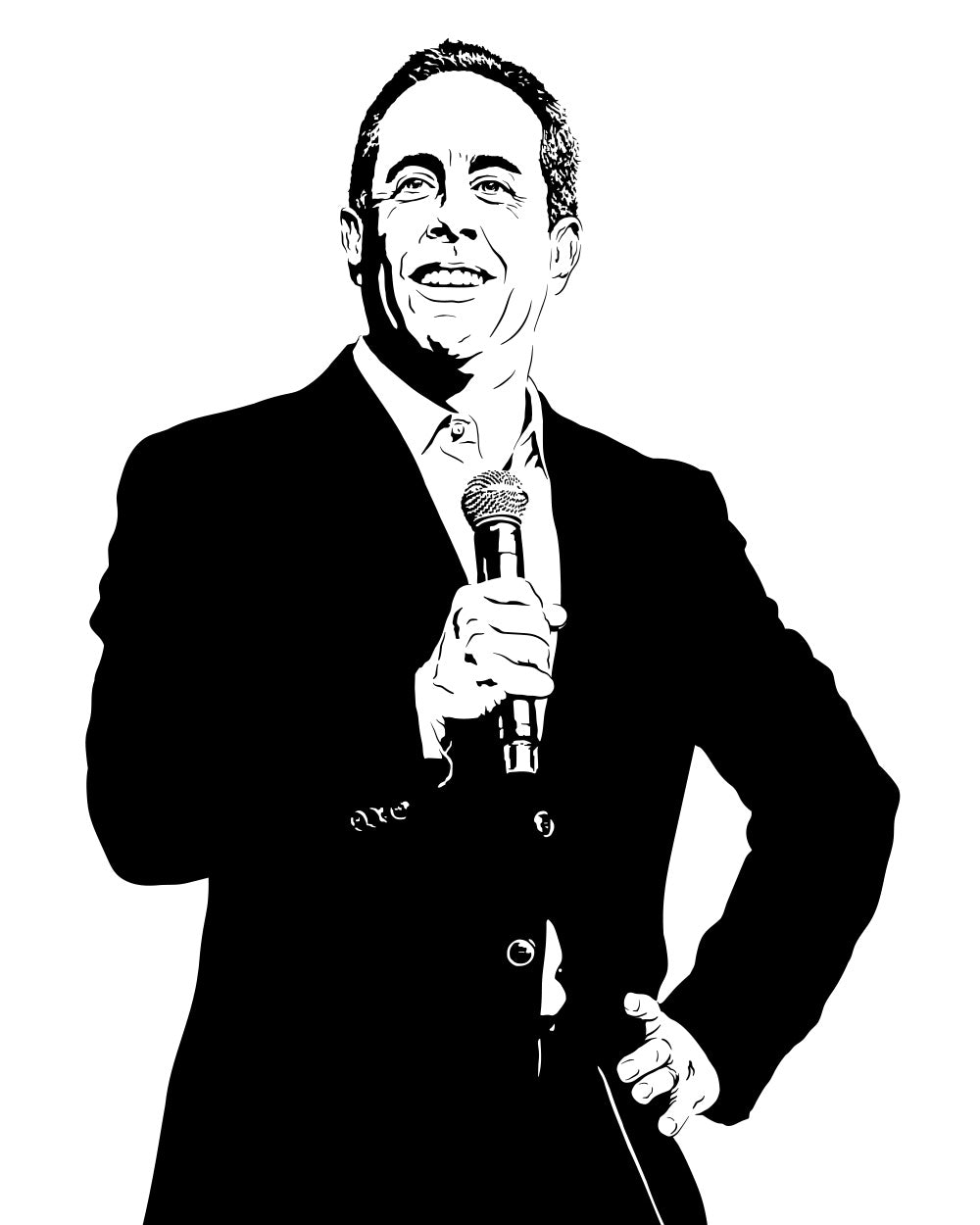 black and white digital illustration of jerry seinfeld performing stand-up comedy on stage with a microphone