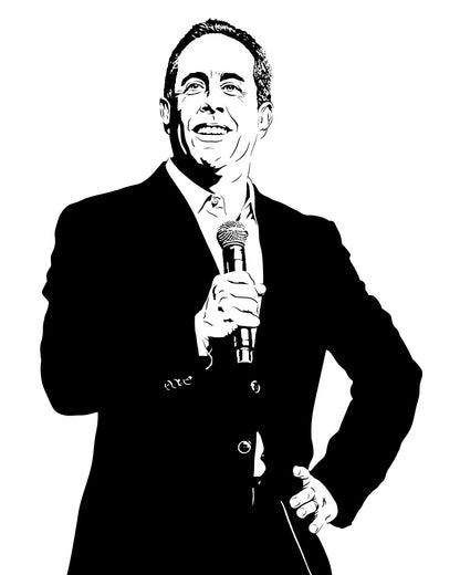 black and white digital illustration of jerry seinfeld performing stand-up comedy on stage with a microphone