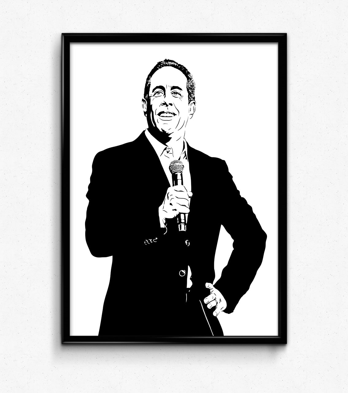 black and white digital illustration of jerry seinfeld performing stand-up comedy on stage with a microphone framed poster
