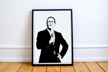 black and white digital illustration of jerry seinfeld performing stand-up comedy on stage with a microphone framed print