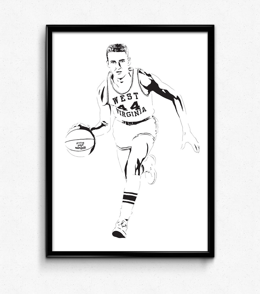 minimalist black and white stencil illustration of the logo jerry west wearing west virginia mountaineers jersey dribbling a basketball on the run, framed art print