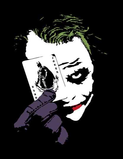 black and white digital illustration with spot colors close up portrait of heath ledger as the joker holding a playing card