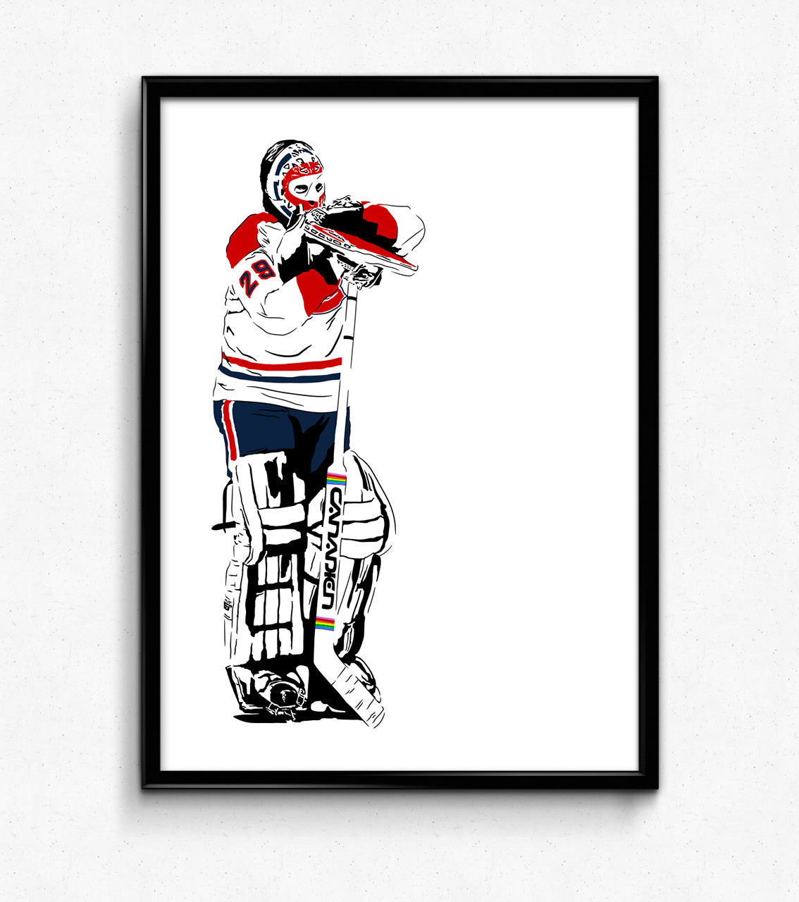 digital minimalist stencil illustration of montreal canadiens goalie ken dryden leaning on his goalie stick, framed art print