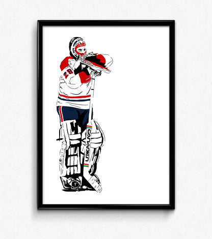 digital minimalist stencil illustration of montreal canadiens goalie ken dryden leaning on his goalie stick, framed art print