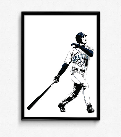 digital minimalist stencil illustration of ken griffey jr of seattle mariners post-swing after hitting a home run art print