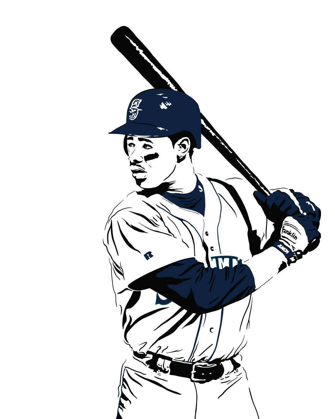 digital minimalist stencil illustration of ken griffey jr of seattle mariners at bat