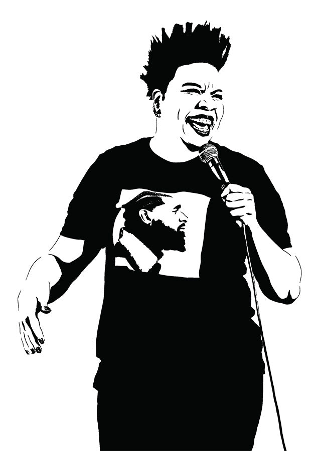 Black and white digital illustration of Leslie Jones performing stand-up, mid-punchline with the microphone raised.