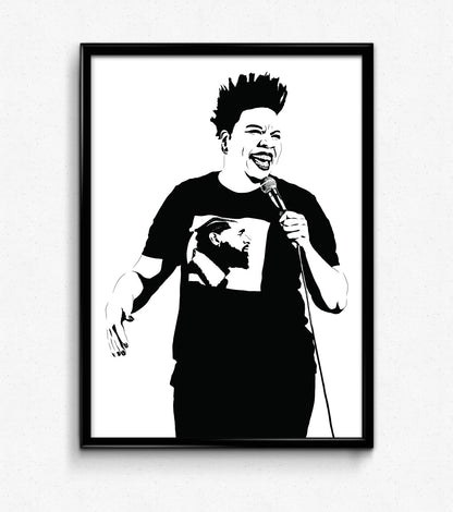 Black and white digital illustration of Leslie Jones performing stand-up, mid-punchline with the microphone raised framed print