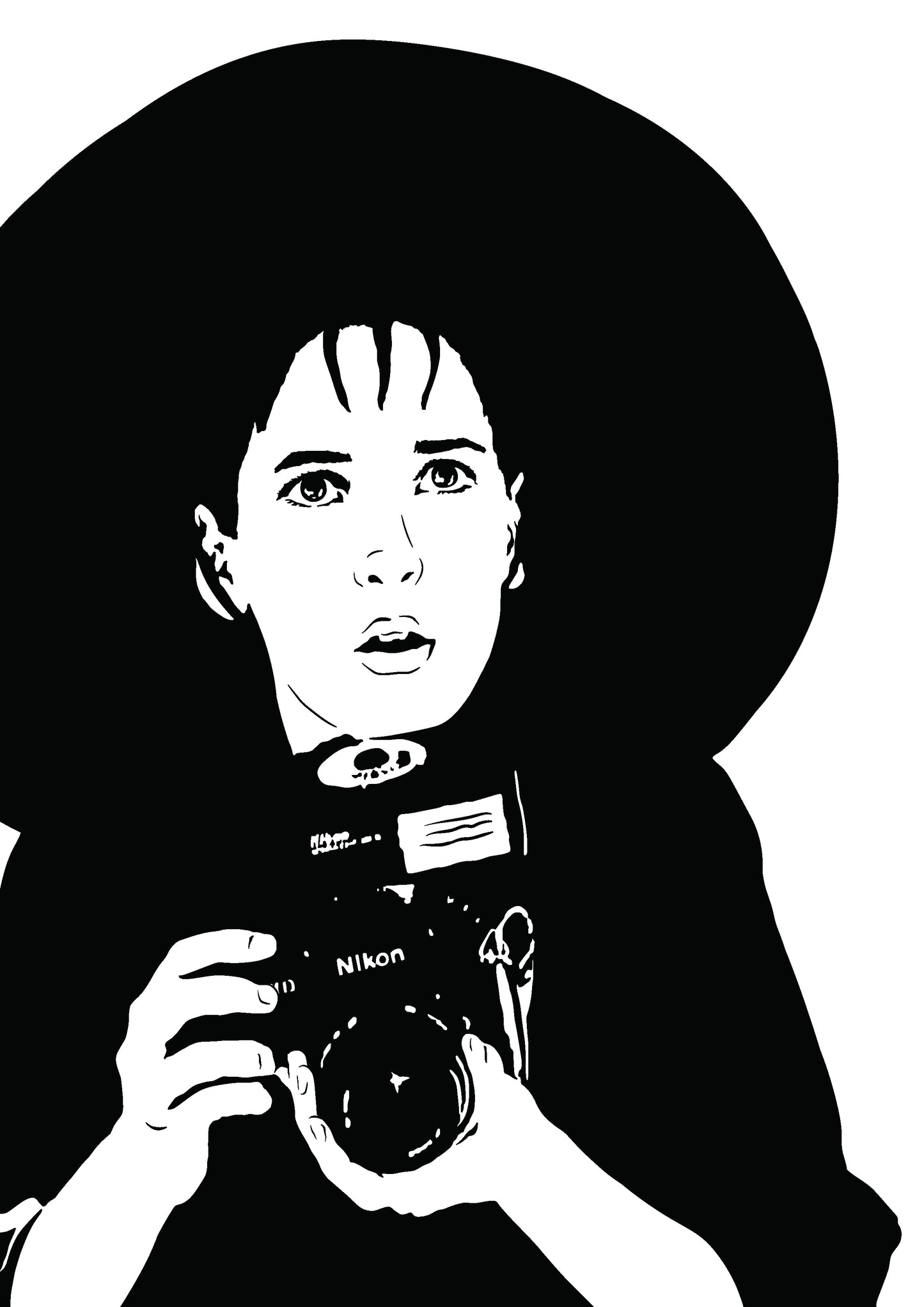 black and white illustration of lydia deetz from beetlejuice film played by winona ryder holding a nikon camera in a goth fashion outfit with a very large brimmed black hat