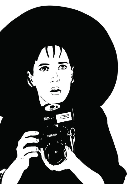 black and white illustration of lydia deetz from beetlejuice film played by winona ryder holding a nikon camera in a goth fashion outfit with a very large brimmed black hat