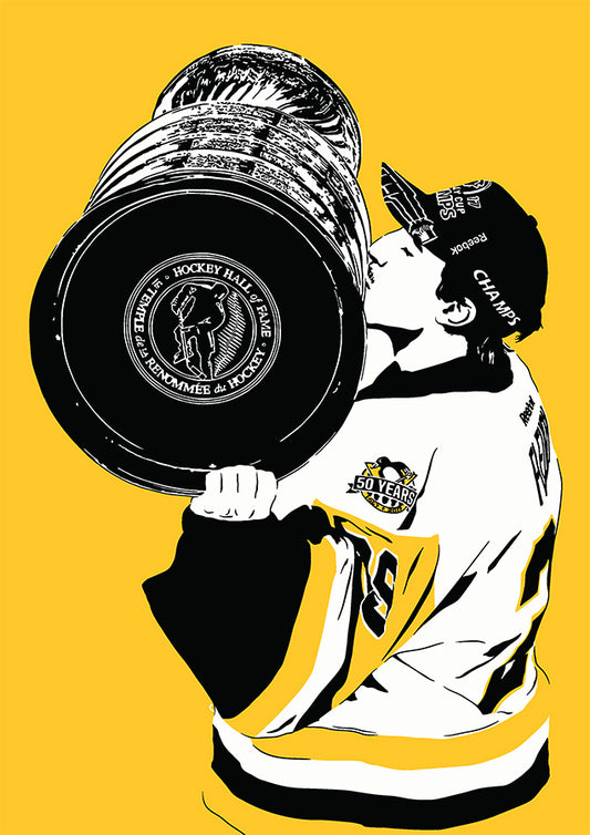 marc andre fleury kissing the stanley cup illustration with gold background for pittsburgh penguins fans