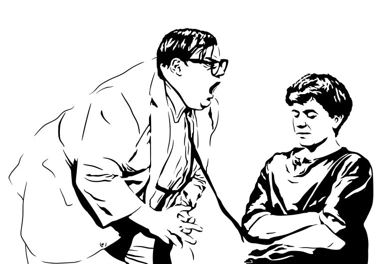 black and white digital illustration of chris farley as matt foley yelling in the snl motivational speaker sketch