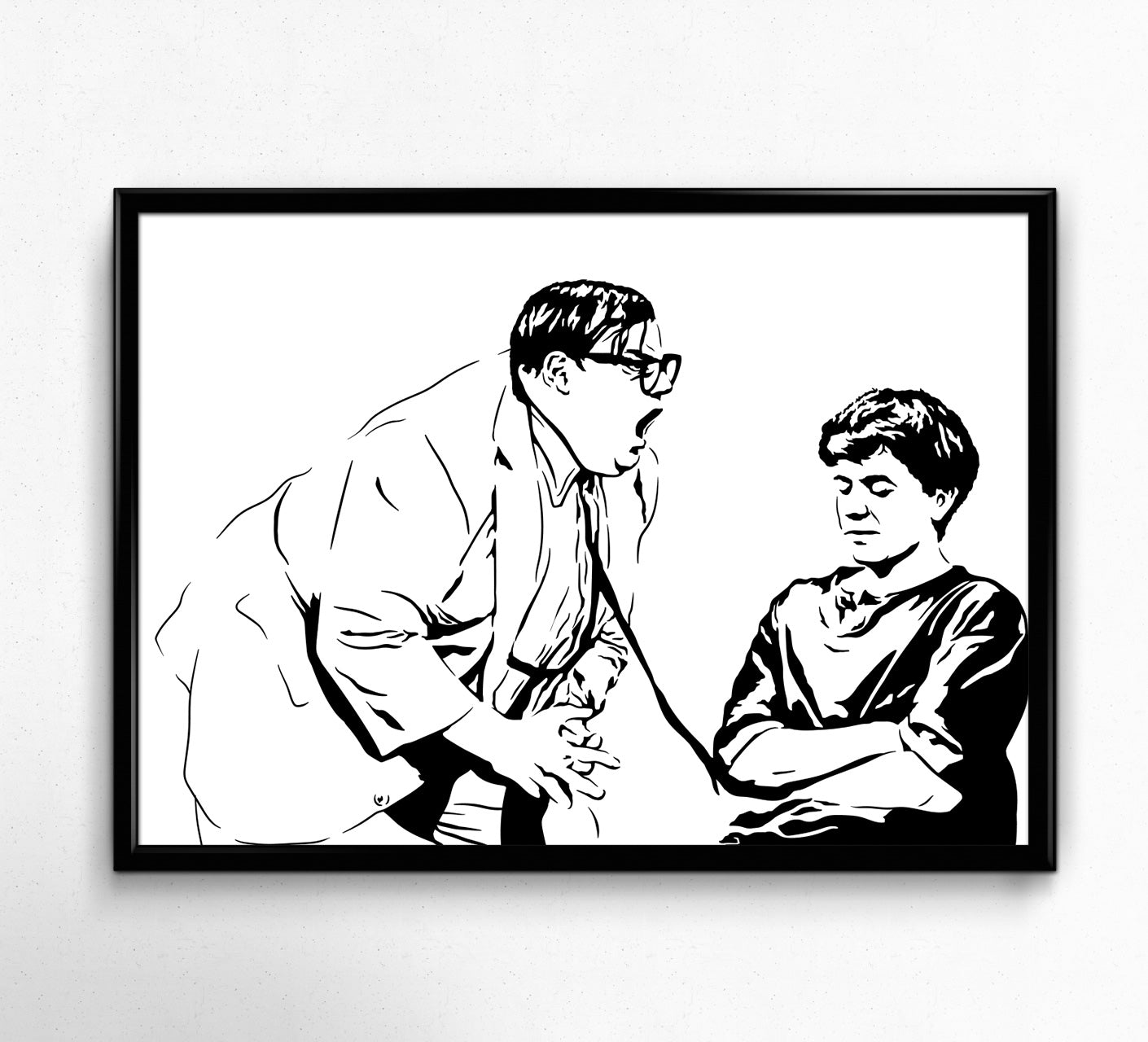 black and white digital illustration of chris farley as matt foley yelling in the snl motivational speaker sketch framed poster
