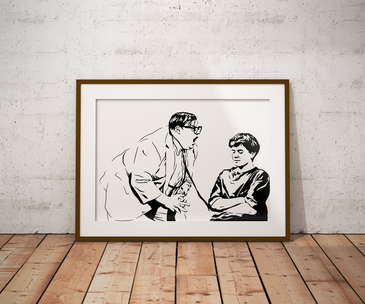 black and white digital illustration of chris farley as matt foley yelling in the snl motivational speaker sketch framed print