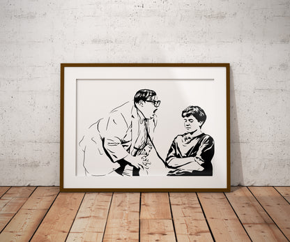 black and white digital illustration of chris farley as matt foley yelling in the snl motivational speaker sketch framed print