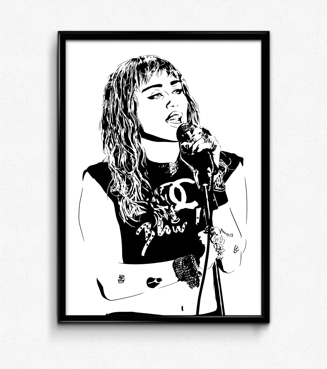 black and white digital illustration portrait of miley cyrus as a musician framed print