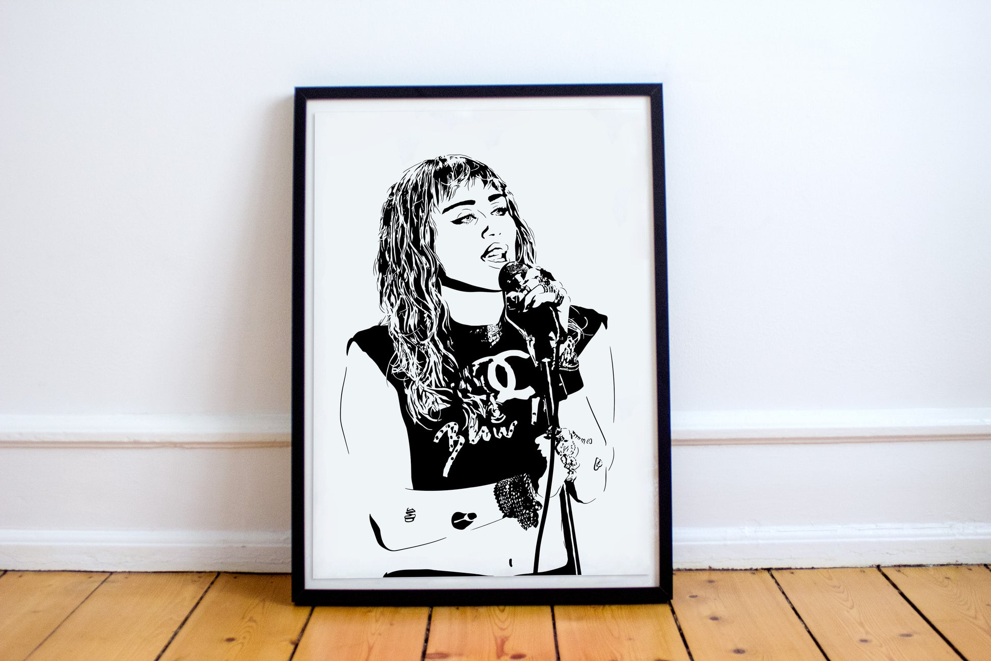 black and white digital illustration portrait of miley cyrus as a musician framed poster