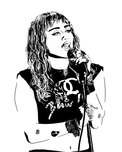 black and white digital illustration portrait of miley cyrus as a musician