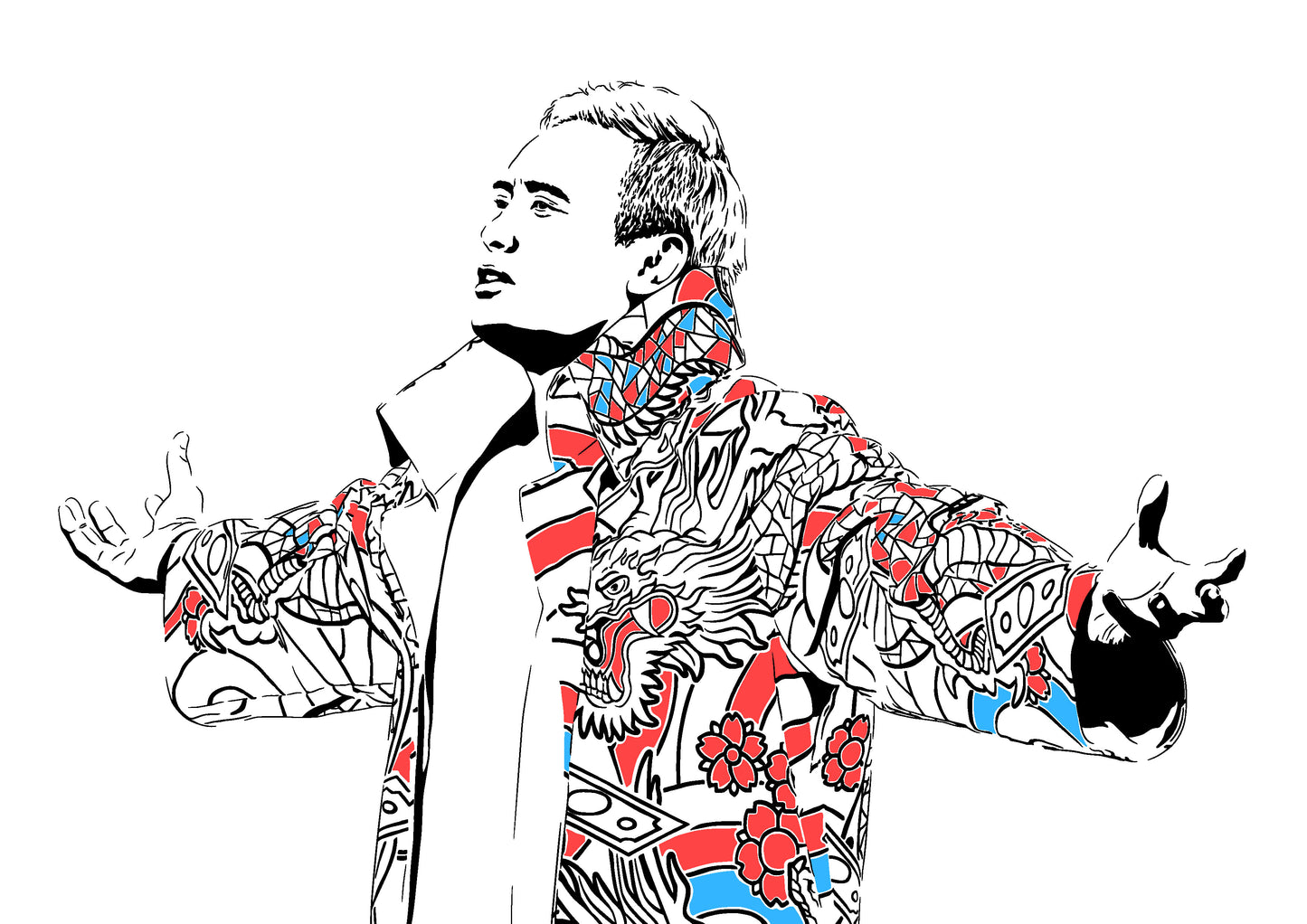 digital illustration of aew and njpw professional wrestler kazuchika okada wearing his UV color changing robe from Wrestle Dream