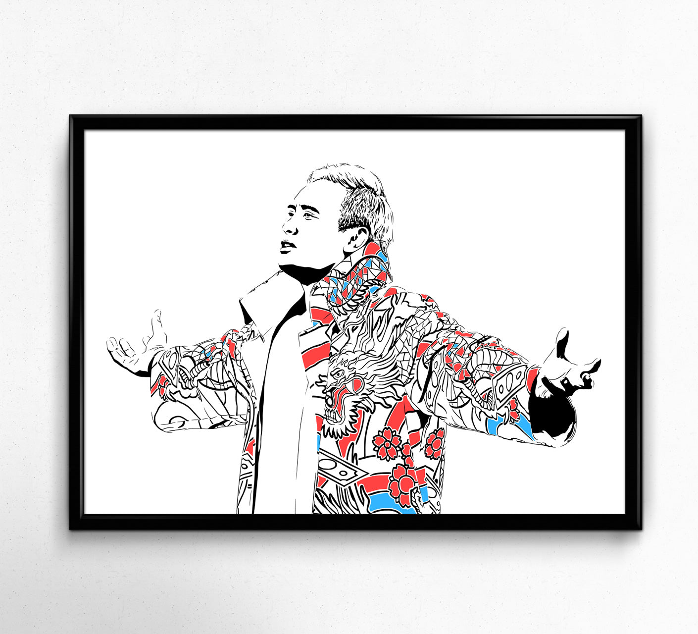 digital illustration of aew and njpw professional wrestler kazuchika okada wearing his UV color changing robe from Wrestle Dream framed art print