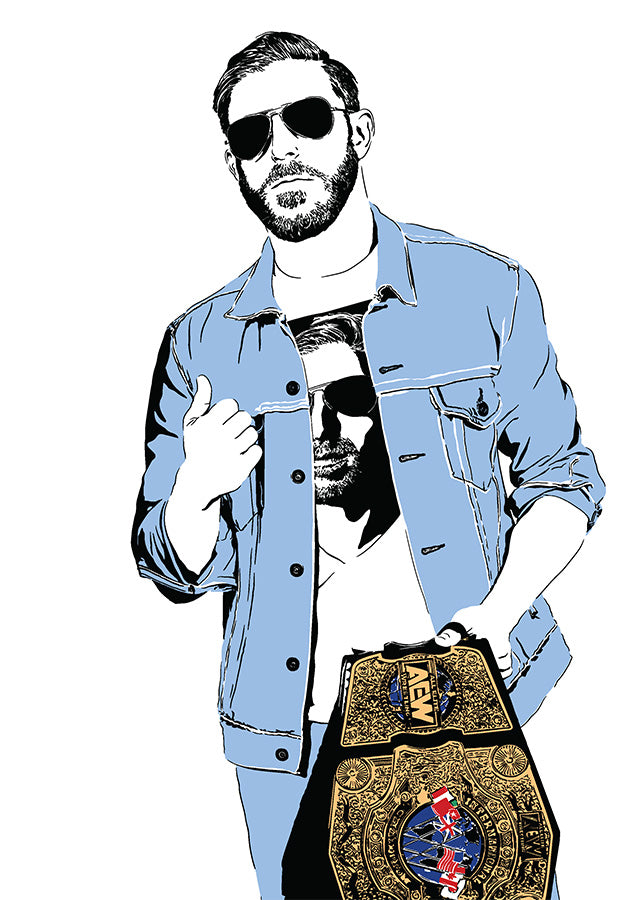 Original fan art illustration of AEW wrestler Orange Cassidy as the All-Atlantic Champion. He is giving a lazy thumbs up while holding the championship belt. The artwork has a "Freshly Squeezed" slacker aesthetic.