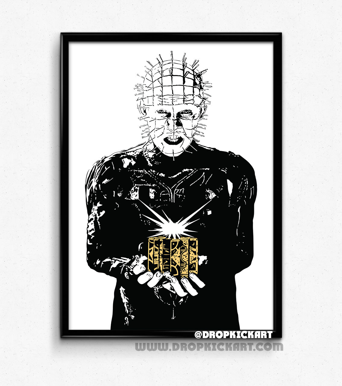 digital illustration of pinhead from the hellraiser film series holding the lamentation cube - stylized black and white illustration framed