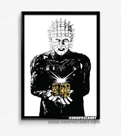 digital illustration of pinhead from the hellraiser film series holding the lamentation cube - stylized black and white illustration framed