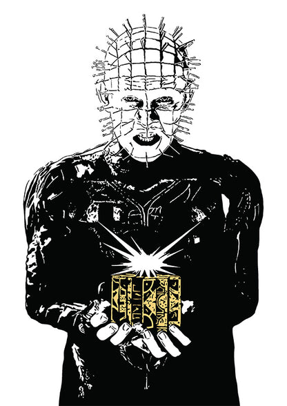 digital illustration of pinhead from the hellraiser film series holding the lamentation cube - stylized black and white illustration