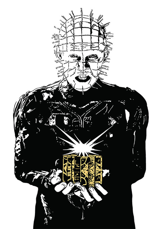 digital illustration of pinhead from the hellraiser film series holding the lamentation cube - stylized black and white illustration